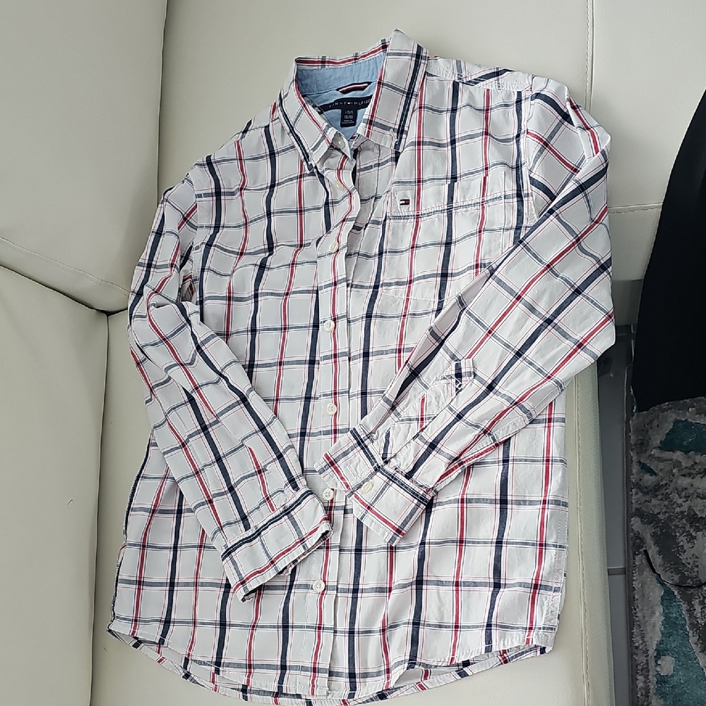 Tommy Hilfiger Men's White and Blue Checkered Shirt